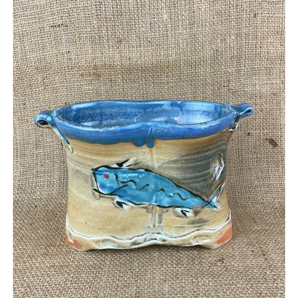 Hand Thrown Hand Painted Ceramic Utensil Caddy Holder Fish Shells - Picture 1 of 8